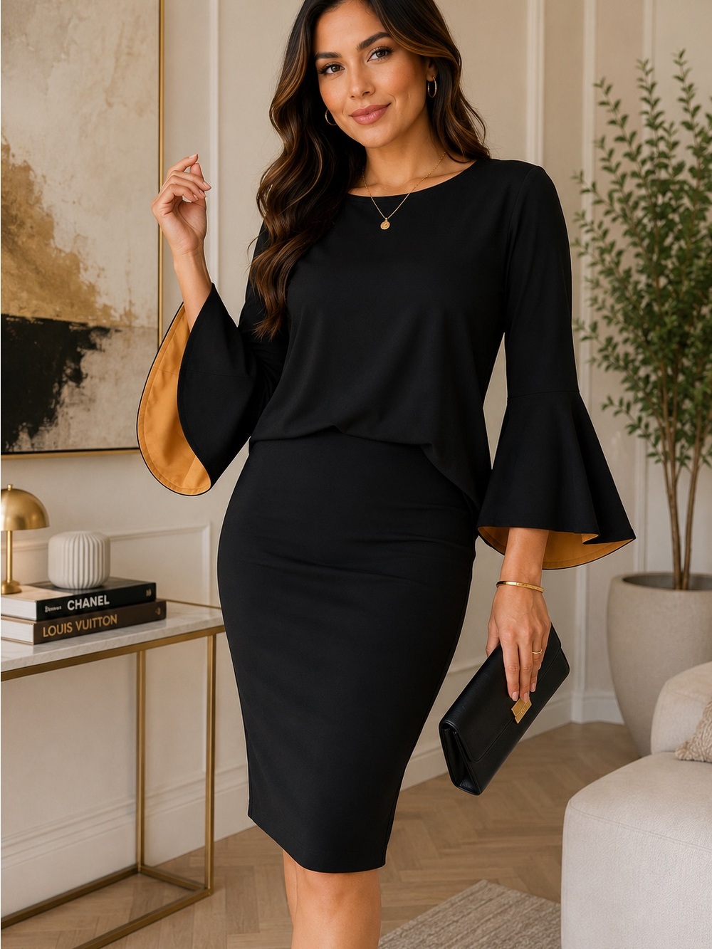 Susan Graver 1X Black Bell Sleeve Top Gold Contrast Liquid Knit Plus Size - Picture 1 of 15
